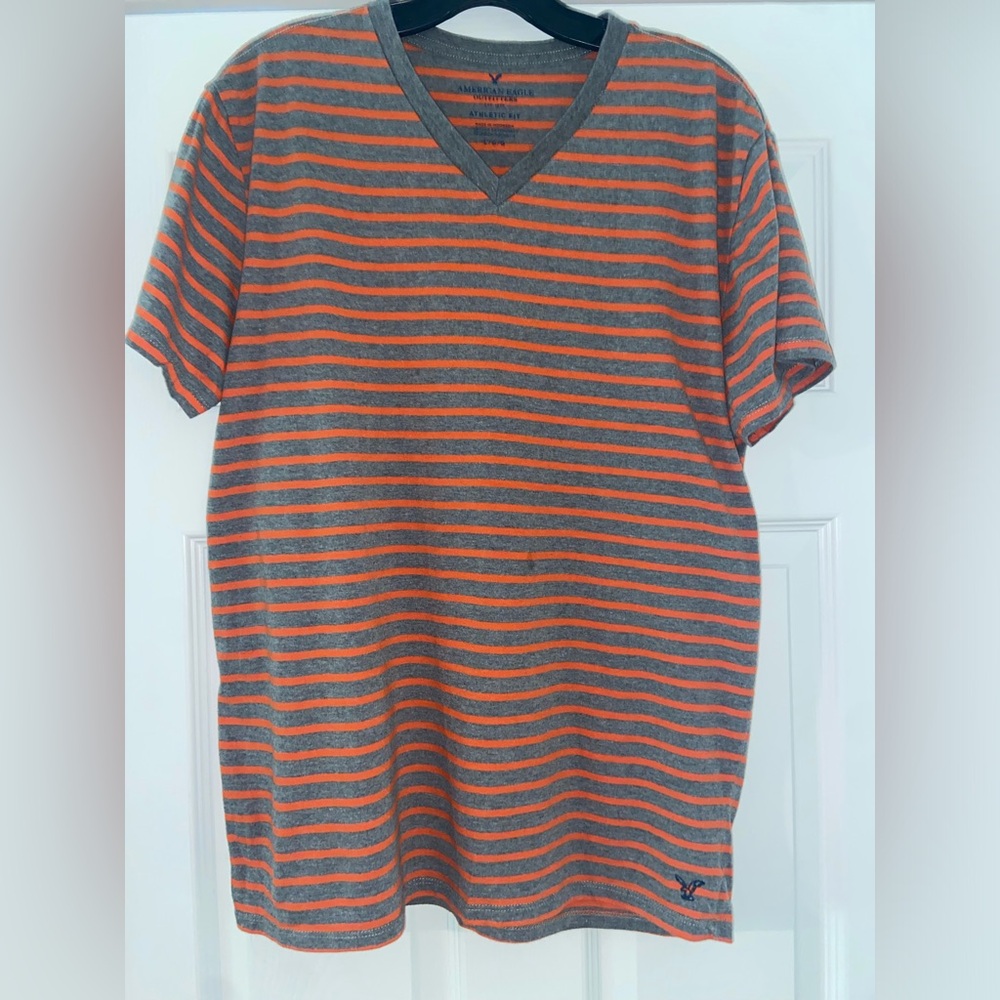American Eagle Grey and Orange V-Neck, Size Large
